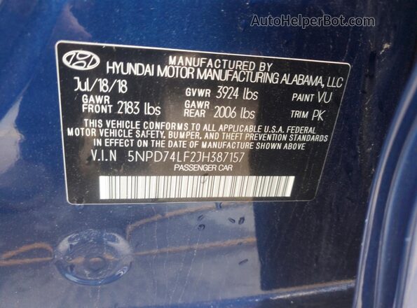5NPD74LF2JH387157 2018 HYUNDAI ELANTRA Синий Вид подкапотного пространства