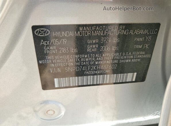 5NPD74LF2KH487602 2019 HYUNDAI ELANTRA Серебряный Вид подкапотного пространства