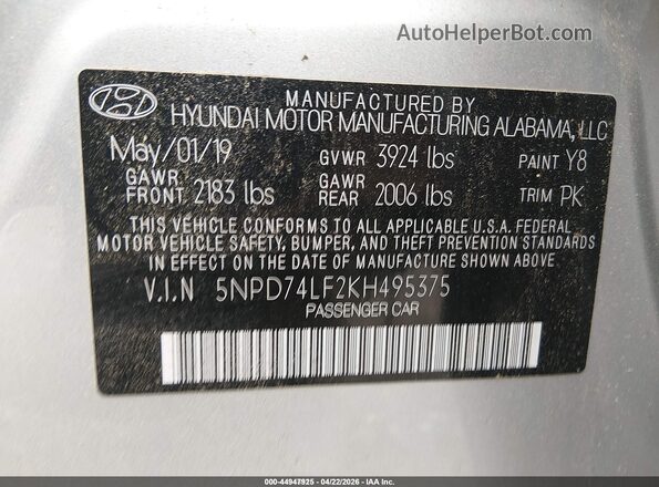 5NPD74LF2KH495375 2019 HYUNDAI ELANTRA Silver Vista del compartimento del motor