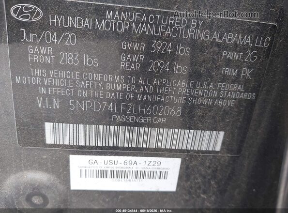 5NPD74LF2LH602068 2020 HYUNDAI ELANTRA Gray Widok komory silnika