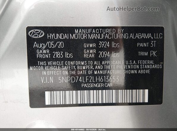 5NPD74LF2LH613653 2020 HYUNDAI ELANTRA Silver Vista del compartimento del motor