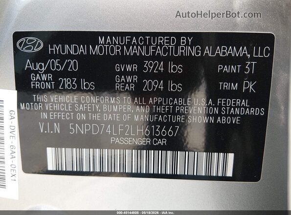 5NPD74LF2LH613667 2020 HYUNDAI ELANTRA Silver Vista del compartimento del motor