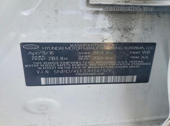 5NPD74LF3JH347329 2018 HYUNDAI ELANTRA White Вид підкапотного простору