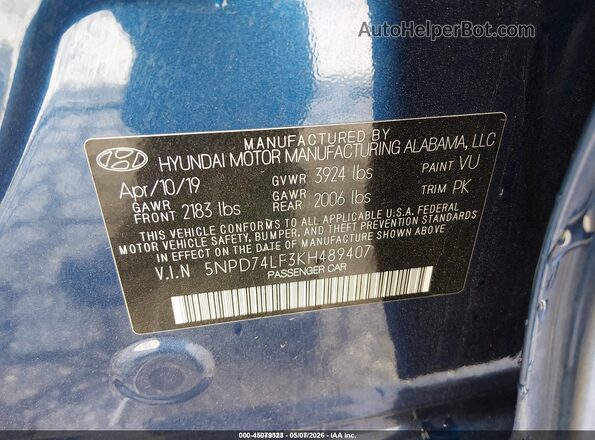 5NPD74LF3KH489407 2019 HYUNDAI ELANTRA Blue ძრავის განყოფილების ხედი