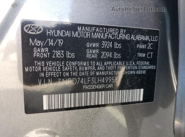 5NPD74LF3LH499582 2020 HYUNDAI ELANTRA Charcoal Vista del compartimento del motor