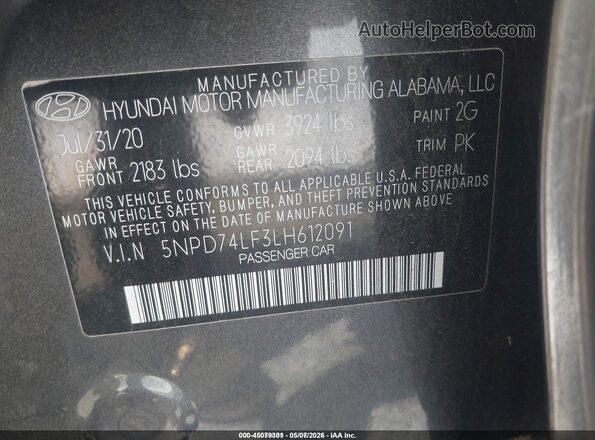5NPD74LF3LH612091 2020 HYUNDAI ELANTRA Серый Вид подкапотного пространства