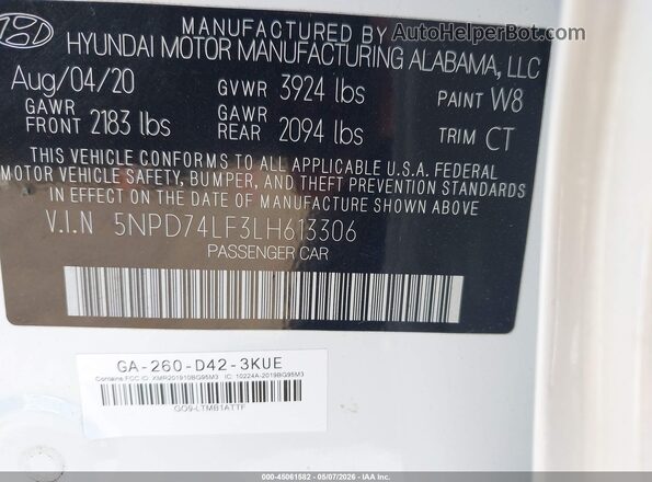 5NPD74LF3LH613306 2020 HYUNDAI ELANTRA White Engine compartment view
