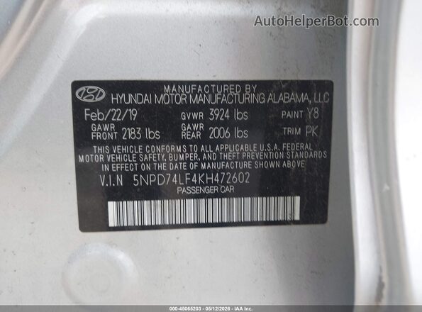 5NPD74LF4KH472602 2019 HYUNDAI ELANTRA Silver Widok komory silnika