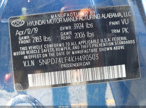 5NPD74LF4KH490503 2019 HYUNDAI ELANTRA Синий Вид подкапотного пространства