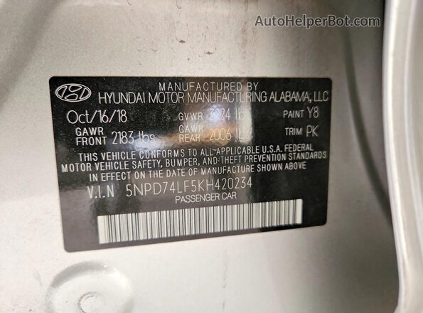 5NPD74LF5KH420234 2019 HYUNDAI ELANTRA Серебряный Вид подкапотного пространства