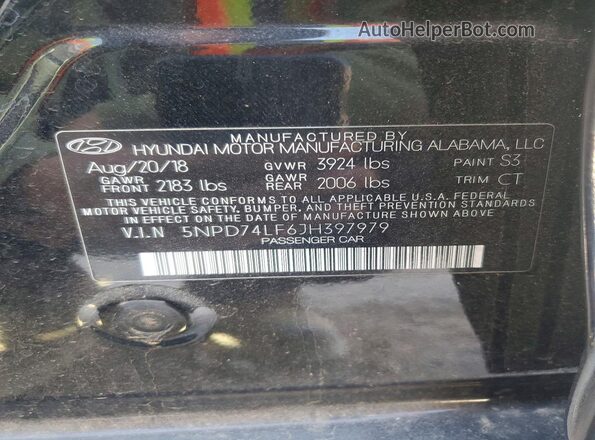 5NPD74LF6JH397979 2018 HYUNDAI ELANTRA Black VIN sticker view