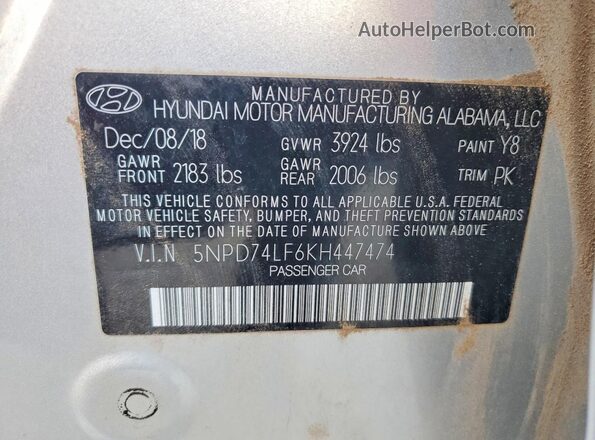 5NPD74LF6KH447474 2019 HYUNDAI ELANTRA Silver Widok komory silnika