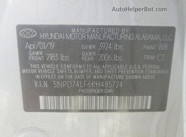 5NPD74LF6KH485724 2019 HYUNDAI ELANTRA White VIN კოდის სტიკერის ხედი