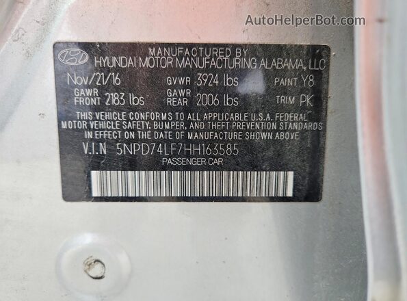 5NPD74LF7HH163585 2017 HYUNDAI ELANTRA Серебряный Вид наклейки с VIN-кодом