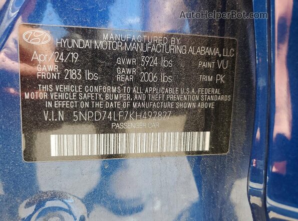 5NPD74LF7KH492827 2019 HYUNDAI ELANTRA Синий Вид подкапотного пространства