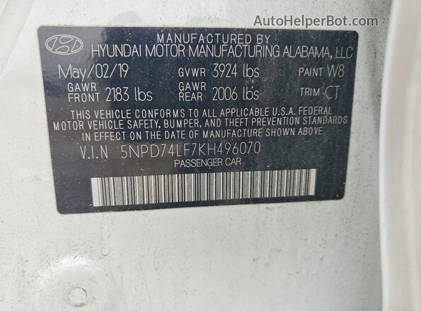 5NPD74LF7KH496070 2019 HYUNDAI ELANTRA White Vista del compartimento del motor