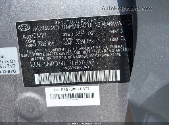 5NPD74LF7LH612949 2020 HYUNDAI ELANTRA Серый Вид подкапотного пространства