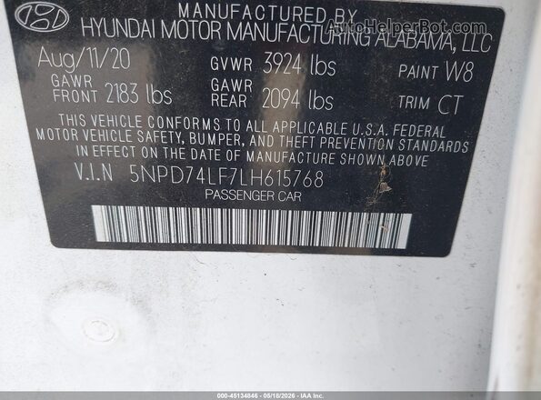 5NPD74LF7LH615768 2020 HYUNDAI ELANTRA White Вид підкапотного простору