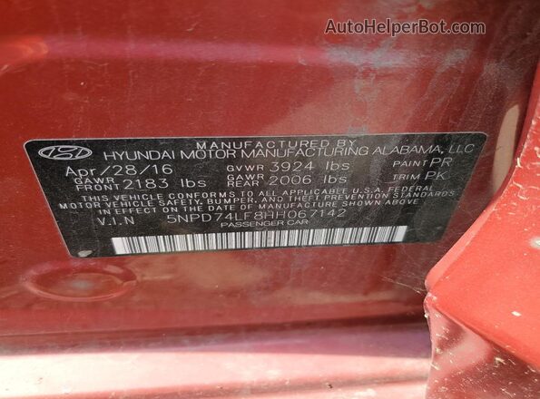 5NPD74LF8HH067142 2017 HYUNDAI ELANTRA Красный Вид наклейки с VIN-кодом