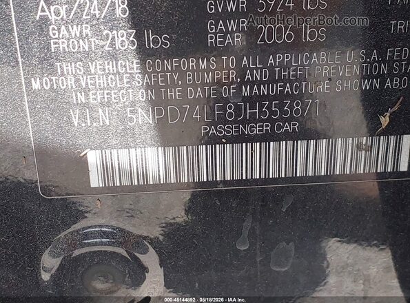 5NPD74LF8JH353871 2018 HYUNDAI ELANTRA Black Вид підкапотного простору