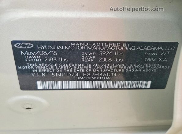 5NPD74LF8JH360142 2018 HYUNDAI ELANTRA Бежевый Вид наклейки с VIN-кодом
