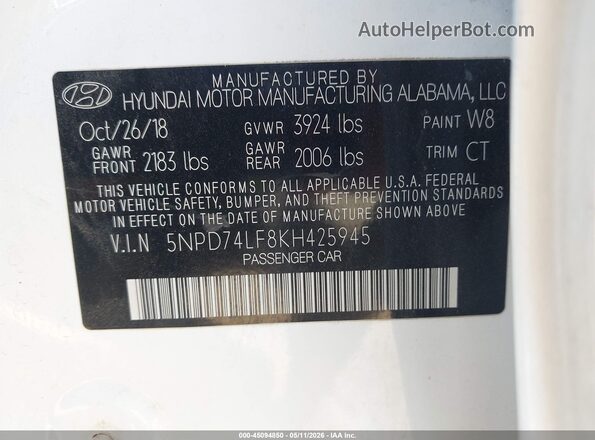 5NPD74LF8KH425945 2019 HYUNDAI ELANTRA White ძრავის განყოფილების ხედი