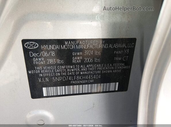 5NPD74LF8KH445404 2019 HYUNDAI ELANTRA Серебряный Вид подкапотного пространства