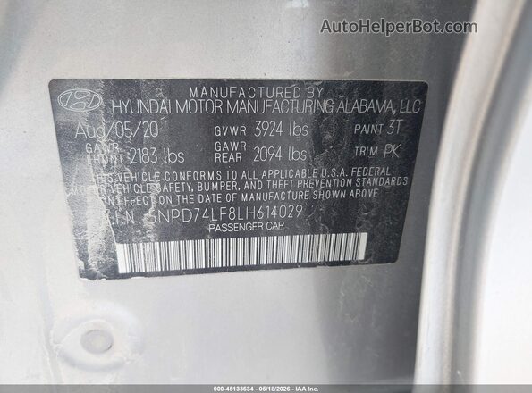 5NPD74LF8LH614029 2020 HYUNDAI ELANTRA Серебряный Вид подкапотного пространства