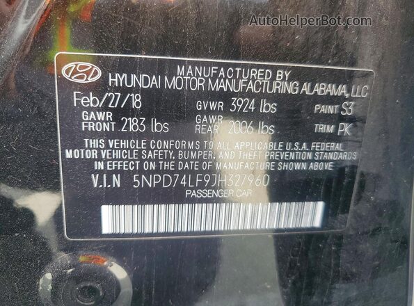 5NPD74LF9JH327960 2018 HYUNDAI ELANTRA Синий Вид наклейки с VIN-кодом