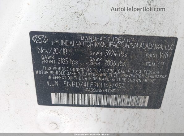 5NPD74LF9KH437957 2019 HYUNDAI ELANTRA Белый Вид подкапотного пространства