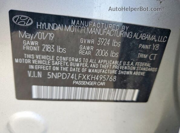 5NPD74LFXKH495768 2019 HYUNDAI ELANTRA Silver Widok naklejki z numerem VIN