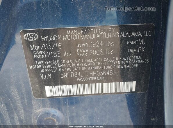 5NPD84LF0HH036481 2017 HYUNDAI ELANTRA Синий Вид подкапотного пространства
