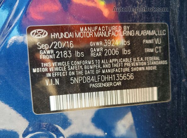 5NPD84LF0HH135656 2017 HYUNDAI ELANTRA Blue VIN կոդի պիտակի տեսք