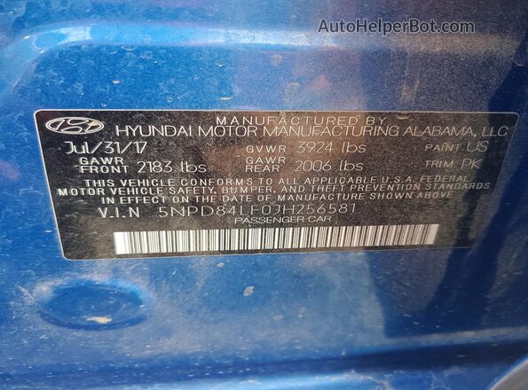 5NPD84LF0JH256581 2018 HYUNDAI ELANTRA Синий Вид подкапотного пространства