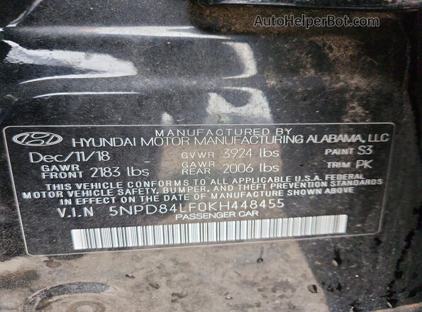 5NPD84LF0KH448455 2019 HYUNDAI ELANTRA Black Widok naklejki z numerem VIN