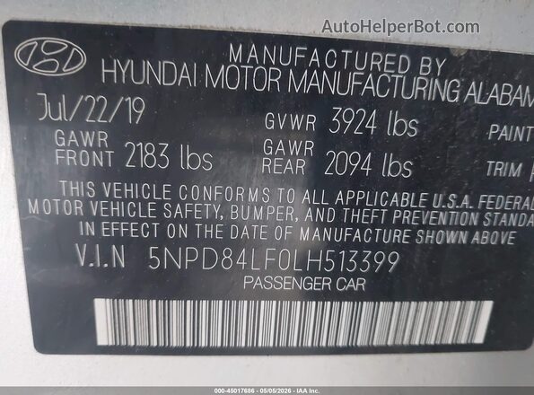 5NPD84LF0LH513399 2020 HYUNDAI ELANTRA Silver Widok komory silnika