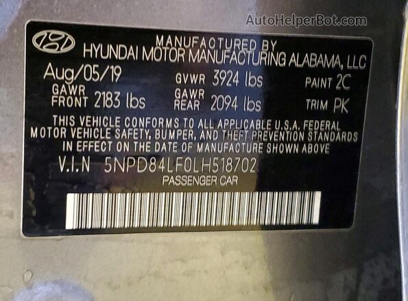 5NPD84LF0LH518702 2020 HYUNDAI ELANTRA Серый Вид наклейки с VIN-кодом