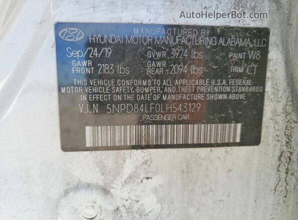 5NPD84LF0LH543129 2020 HYUNDAI ELANTRA White VIN კოდის სტიკერის ხედი