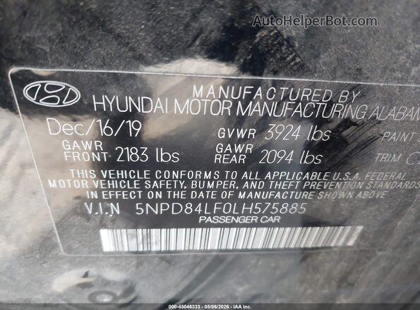 5NPD84LF0LH575885 2020 HYUNDAI ELANTRA Black Widok komory silnika