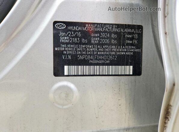 5NPD84LF1HH012612 2017 HYUNDAI ELANTRA Серебряный Вид наклейки с VIN-кодом