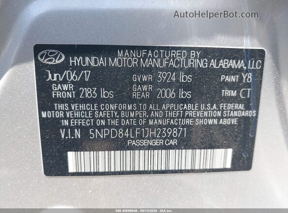 5NPD84LF1JH239871 2018 HYUNDAI ELANTRA Серебряный Вид подкапотного пространства
