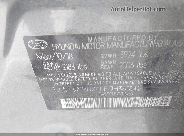 5NPD84LF1JH361842 2018 HYUNDAI ELANTRA Серый Вид подкапотного пространства