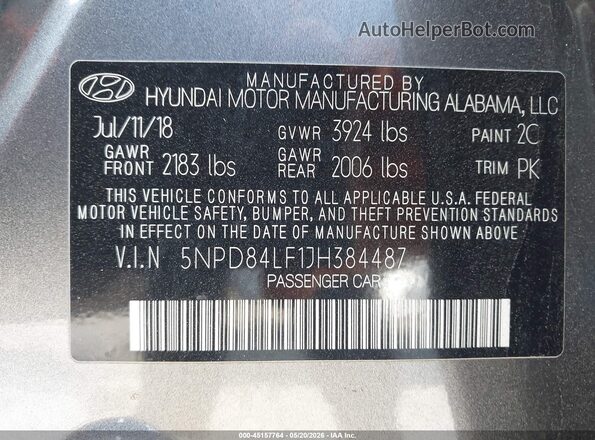 5NPD84LF1JH384487 2018 HYUNDAI ELANTRA Gray Вид підкапотного простору