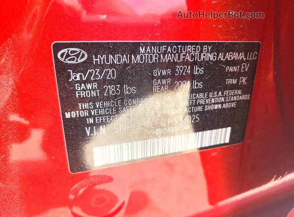 5NPD84LF1LH583025 2020 HYUNDAI ELANTRA Red Widok komory silnika
