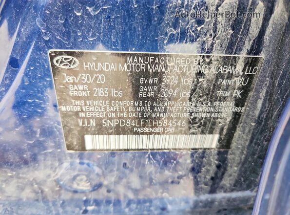 5NPD84LF1LH584546 2020 HYUNDAI ELANTRA Blue Vista del compartimento del motor