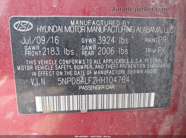 5NPD84LF2HH104764 2017 HYUNDAI ELANTRA Бордовый Вид подкапотного пространства