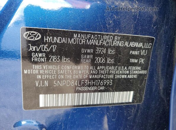 5NPD84LF3HH176993 2017 HYUNDAI ELANTRA Синий Вид подкапотного пространства