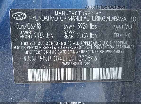 5NPD84LF3JH373846 2018 HYUNDAI ELANTRA Blue Вид підкапотного простору