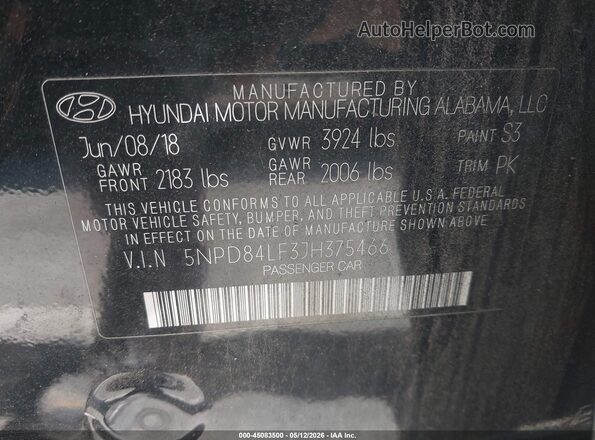 5NPD84LF3JH375466 2018 HYUNDAI ELANTRA Черный Вид подкапотного пространства