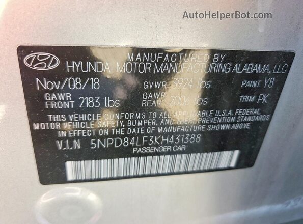 5NPD84LF3KH431388 2019 HYUNDAI ELANTRA Silver Vista del compartimento del motor
